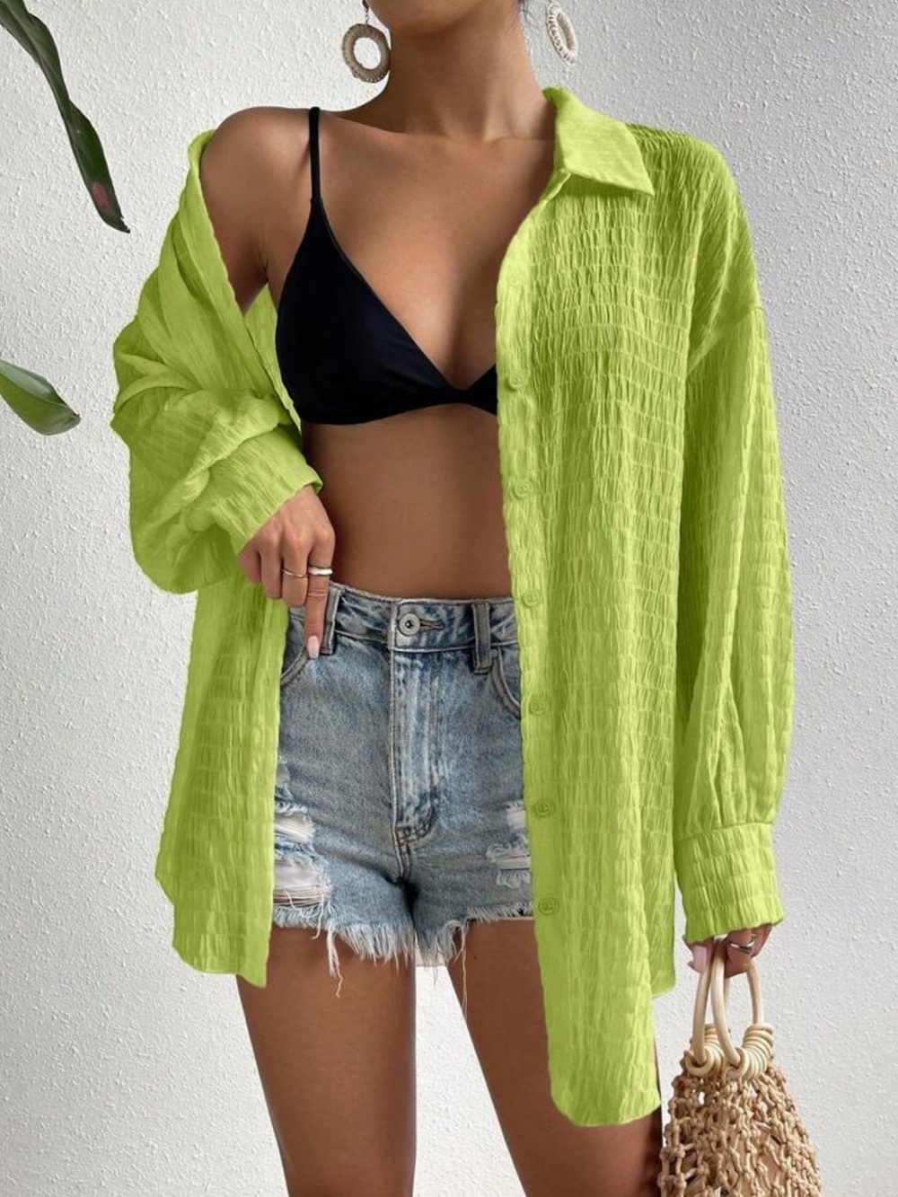 SHEIN Lime Crinkle Button-Down Shirt - Women Tops